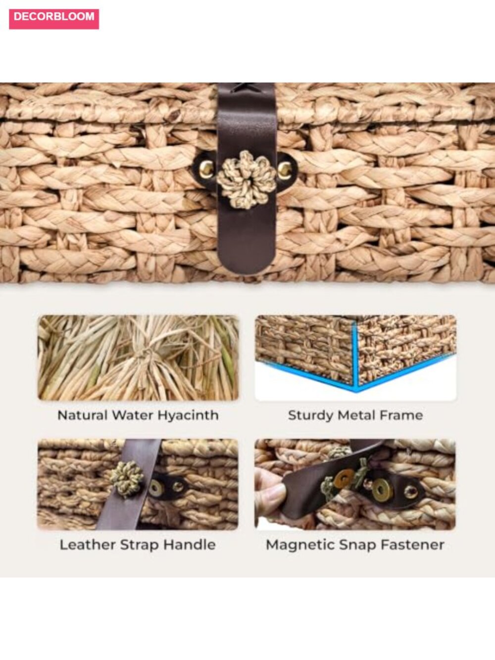 Set of 2 Wicker Storage Baskets with Lids Water Hyacinth Magnetic Clasp - Picture 5 of 6